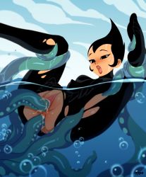 Rule 34 | 1girl, anal, anal object insertion, ashi (samurai jack), bad id, bad tumblr id, black bodysuit, black hair, blush, bodysuit, breasts, breasts apart, bubble, clitoral hood, cloud, consensual tentacles, covered erect nipples, double penetration, feet, highres, lipstick, makeup, medium breasts, multiple penetration, nipples, no panties, nose blush, object insertion, open mouth, optionaltypo, outdoors, partially submerged, partially underwater shot, pussy, pussy juice, red lips, samurai jack, short hair, skin tight, sky, solo, solo focus, spiked hair, spread legs, tagme, tentacle sex, tentacles, torn bodysuit, torn clothes, uncensored, underwater, underwater sex, urethra, vaginal, vaginal object insertion, water