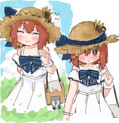 Rule 34 | 1girl, adapted turret, bag, blue bow, bow, brown eyes, brown hair, brown headwear, cannon, closed eyes, dress, hat, kantai collection, looking at viewer, multiple views, official alternate costume, short hair, smile, sun hat, sundress, turret, wateru, white dress, yukikaze (kancolle)