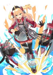 Rule 34 | &gt;:d, 1girl, absurdres, admiral hipper (azur lane), ahoge, aoiro (t aoiro123), azur lane, black thighhighs, blonde hair, boots, cannon, commentary request, cross, full body, gloves, green eyes, highres, honeycomb (pattern), iron cross, knee boots, long hair, rigging, solo, thighhighs, turret, two side up, v-shaped eyebrows, white background, zettai ryouiki