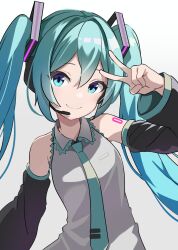 Rule 34 | 1girl, absurdres, arm up, bare shoulders, black sleeves, blue eyes, blue hair, blue necktie, closed mouth, collared shirt, commentary request, detached sleeves, gradient background, grey background, grey shirt, hatsune miku, headphones, headset, highres, long hair, long sleeves, miku day, miu (angelo whitechoc), necktie, shirt, sleeveless, sleeveless shirt, smile, solo, tie clip, twintails, upper body, v, very long hair, vocaloid, white background