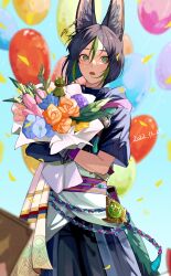 Rule 34 | 1boy, absurdres, animal ear fluff, animal ears, asymmetrical sleeves, balloon, black gloves, black hair, black shirt, blue flower, blue sky, blunt ends, blurry, blurry background, blurry foreground, blush, bouquet, bright pupils, commentary request, cuilein-anbar (genshin impact), dated, day, depth of field, earrings, eyelashes, flower, fox boy, fox ears, fox tail, genshin impact, gloves, green eyes, green hair, hair between eyes, highres, holding, holding bouquet, hood, hood down, hoodie, jewelry, long sleeves, looking at viewer, male focus, mismatched sleeves, multicolored clothes, multicolored hair, n ashi1, open mouth, orange flower, outdoors, pink flower, purple flower, rope, sash, shirt, short hair, short sleeves, sidelocks, single earring, sky, solo, standing, streaked hair, surprised, tail, tassel, tighnari (genshin impact), turtleneck, vision (genshin impact), white pupils, wide-eyed, wrist cuffs