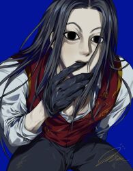 Rule 34 | &lt;o&gt; &lt;o&gt;, 1boy, black eyes, black gloves, black hair, black pants, blue background, expressionless, finger to mouth, gloves, highres, hunter x hunter, illumi zoldyck, long hair, looking at viewer, male focus, money health, pants, red vest, shirt, signature, simple background, solo, vest, white shirt