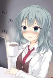 Rule 34 | 1girl, absurdres, aqua eyes, arm on table, aroused, blush, breasts, brown vest, coffee, coffee mug, commentary request, computer, cup, double-parted bangs, dress shirt, eyelashes, furrowed brow, grey background, hair between eyes, hand up, heavy breathing, highres, hitomi13, holding, holding cup, lab coat, large breasts, long hair, mug, naughty face, necktie, nose blush, open mouth, partial commentary, red necktie, riddle joker, shikibe mayu, shirt, signature, simple background, smile, solo, sound effects, trembling, tsurime, upper body, vest, white shirt