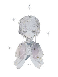 Rule 34 | 1girl, absurdres, artist name, braid, crescent, crown braid, crying, ema (613mitzvot), closed eyes, frown, highres, open mouth, original, own hands together, pale skin, solo, star (symbol), tanabata, tears, updo, white background, white hair