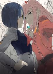 Rule 34 | 10s, 2girls, :/, aqua eyes, blue hair, blue vest, blunt bangs, breasts, buttons, candy, closed mouth, darling in the franxx, dress, eyebrows, eyelashes, facing another, food, green eyes, grey skirt, hair between eyes, hair over one eye, hairband, hands on own hips, high-waist skirt, highres, holding, holding candy, holding food, holding lollipop, horns, ichigo (darling in the franxx), lollipop, long hair, long sleeves, looking at another, miusa, multiple girls, necktie, orange neckwear, pink hair, red dress, short hair, sidelocks, skirt, small breasts, smile, straight hair, uniform, vest, white hairband, zero two (darling in the franxx)