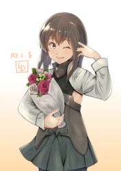 Rule 34 | 1girl, artist logo, bouquet, brown eyes, brown hair, commentary request, cowboy shot, dated, flat chest, flower, gradient background, grey skirt, highres, kantai collection, ld (luna dial398), looking at viewer, one-hour drawing challenge, one eye closed, pleated skirt, shrug (clothing), skirt, smile, solo, taihou (kancolle), white background