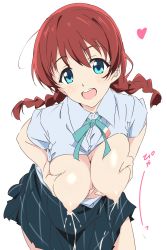 Rule 34 | 1girl, :d, black skirt, blue eyes, blue shirt, bow, braid, breasts, breasts out, breasts squeezed together, emma verde, freckles, highres, lactation, large breasts, looking at viewer, love live!, love live! nijigasaki high school idol club, milk, nipples, open mouth, red hair, ribbon, shirt, short hair, simple background, skirt, smile, solo, twin braids, umanosuke, white background