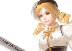 Rule 34 | 10s, 1girl, beret, blonde hair, corset, drill hair, gun, hat, hat feather, lotus (elico), magical musket, mahou shoujo madoka magica, mahou shoujo madoka magica (anime), puffy sleeves, realistic, ribbon, simple background, smile, solo, tomoe mami, twin drills, twintails, weapon, white background, yellow eyes