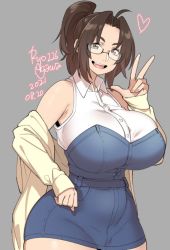 Rule 34 | 1girl, agawa ryou, ahoge, armpits, artist name, bare shoulders, breasts, brown eyes, brown hair, collared shirt, commentary, cowboy shot, dated, denim dress, dress, english commentary, fang, glasses, grey background, heart, huge breasts, jacket, long hair, microdress, numbered, original, ponytail, semi-rimless eyewear, shirt, sidelocks, simple background, sleeveless, smile, solo, teeth, upper teeth only, v, white shirt, yellow jacket
