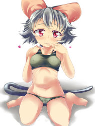 Rule 34 | 1girl, animal ears, bad id, bad pixiv id, blush, cameltoe, female focus, finger to mouth, green panties, grey hair, heart, konata gazel, looking at viewer, mouse ears, mouse tail, nanatsuhane, navel, nazrin, panties, red eyes, short hair, sitting, solo, sports bra, stomach, tail, touhou, underwear, underwear only, wariza