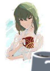 Rule 34 | 1girl, buttons, coffee, coffee mug, collared shirt, commentary request, cup, dress shirt, green hair, hair between eyes, hand on own elbow, highres, holding, holding cup, itocoh, kazami yuuka, medium hair, mixed-language commentary, mug, orange eyes, pov, shirt, simple background, smile, solo, teeth, touhou, white shirt