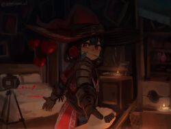 Rule 34 | 1girl, 1other, armor, balloon, beckoning, bed, belt, black hair, brown gloves, dark, flower, flower in mouth, gloves, guillotine, hat, hat belt, heart balloon, highres, holding hands, large hat, looking at viewer, original, petals, poncho, red eyes, red poncho, rose, shelf, short hair, shoulder armor, souperior, tripod, video camera, when you see it, witch hat