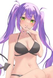 Rule 34 | 1girl, bikini, black bikini, breasts, cleavage, collarbone, demon tail, green eyes, highres, hololive, large breasts, long hair, looking at viewer, multicolored hair, navel, navel piercing, pendora1022, piercing, pink hair, purple hair, simple background, smile, solo, stomach, swimsuit, tail, tokoyami towa, twintails, upper body, virtual youtuber, white background
