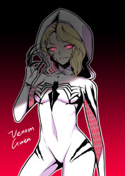 Rule 34 | 1girl, absurdres, animification, black background, blonde hair, bodysuit, breasts, claws, corruption, covered navel, dark persona, glowing, glowing eyes, gradient background, groin tendon, gwen stacy, highres, hood, hooded bodysuit, looking at viewer, lsf (805661342), marvel, red background, red eyes, shaded face, she-venom, skin tight, small breasts, solo, spider-man (series), symbiote, thighs, white bodysuit