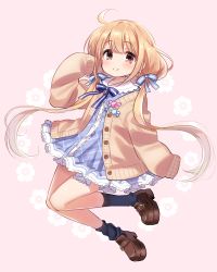 Rule 34 | 1girl, ahoge, black socks, blue bow, blue bowtie, blue dress, blush, bow, bowtie, brown eyes, brown footwear, cardigan, child, collar, commentary request, dress, frilled collar, frilled dress, frills, full body, futaba anzu, hair ribbon, idolmaster, idolmaster cinderella girls, idolmaster cinderella girls starlight stage, kurasaki moroko, light brown hair, loafers, long hair, long sleeves, looking at viewer, low twintails, open cardigan, open clothes, pink background, plaid, plaid dress, ribbon, shoes, simple background, sleeves past fingers, sleeves past wrists, smile, socks, solo, twintails, very long hair, yellow cardigan