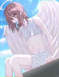 Rule 34 | 1boy, androgynous, angel devil (chainsaw man), angel wings, bare shoulders, brown eyes, brown hair, chainsaw man, cloud, collarbone, crop top, eating, eyelashes, food, hair between eyes, halo, highres, long hair, looking at viewer, midriff, popsicle, shirt, short sleeves, shorts, sky, solo, sweat, u vp7, white shirt, white shorts, wings