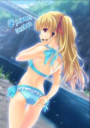 Rule 34 | 10s, 1girl, angel beats!, arm behind back, ass, bikini, blonde hair, blue bikini, blurry, brown eyes, closed mouth, depth of field, dutch angle, frilled bikini, frills, from behind, grass, hair ribbon, halterneck, headset, long hair, microphone, outdoors, pointing, profile, red ribbon, ribbon, satomi yoshitaka, smile, solo, sparkle, standing, striped bikini, striped clothes, swimsuit, thigh gap, twintails, water, yusa (angel beats!)