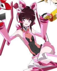Rule 34 | 1girl, armor, black hair, blunt bangs, boots, breasts, commentary request, covered navel, elbow gloves, gauntlets, gloves, greaves, headgear, highres, holding hands, kurihara kenshirou, leotard, long hair, looking at viewer, magical girl, open mouth, pink background, pink footwear, pink leotard, purple eyes, senki zesshou symphogear, short hair, small breasts, smile, solo focus, thigh boots, thighhighs, tsukuyomi shirabe, white background