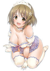 Rule 34 | 10s, 1girl, :d, babydoll, bad id, bad pixiv id, bare shoulders, breasts, brown eyes, brown hair, choker, cleavage, covered erect nipples, flower, gloves, hair flower, hair ornament, headdress, hip focus, idolmaster, idolmaster cinderella girls, large breasts, looking at viewer, mimura kanako, open mouth, plump, simple background, sitting, smile, solo, takahata yuki, thighhighs, wariza, white background, white gloves, white thighhighs, wide hips