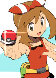 Rule 34 | 1girl, arm up, bag, bare shoulders, brown eyes, brown hair, creatures (company), fanny pack, female focus, game freak, hairband, hand up, happy, holding, holding poke ball, lowres, may (pokemon), may (pokemon oras), natsunagi takaki, nintendo, open mouth, outstretched arm, poke ball, poke ball (basic), pokemon, pokemon oras, red hairband, red shirt, shirt, simple background, sleeveless, sleeveless shirt, smile, solo, two-tone background