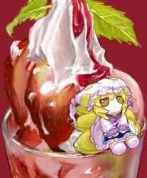 Rule 34 | 1girl, blonde hair, blue tabard, blush stickers, closed mouth, commentary, dress, food, fox tail, frilled dress, frills, fruit, fumo (doll), hat, ice cream, jitome, leaf, long sleeves, mini person, minigirl, mob cap, multiple tails, ofuda, ofuda on clothes, on food, red background, sitting, socks, solo, strawberry, symbol-only commentary, tabard, tail, touhou, whipped cream, white dress, white hat, white socks, yakumo ran, yakumora n, yellow eyes