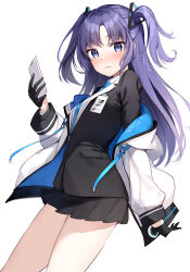 Rule 34 | 1girl, black gloves, black skirt, blazer, blue archive, blue eyes, blue necktie, closed mouth, duplicate, gloves, highres, holding, jacket, long hair, looking at viewer, miniskirt, necktie, oryo (oryo04), pixel-perfect duplicate, purple hair, simple background, skirt, solo, two side up, white background, white jacket, yuuka (blue archive)