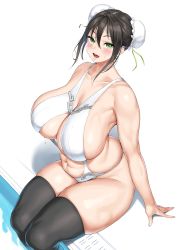 Rule 34 | 1girl, absurdres, bare shoulders, black hair, black thighhighs, blush, breasts, bun cover, cleavage, collarbone, double bun, fate/grand order, fate (series), green eyes, green ribbon, hair bun, hair ribbon, hakai shin, highres, huge breasts, looking at viewer, navel, one-piece swimsuit, open mouth, plump, poolside, qin liangyu (fate), ribbon, sideboob, sidelocks, sitting, smile, soaking feet, solo, swimsuit, thick thighs, thighhighs, thighs, white one-piece swimsuit