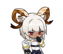 1girl animal_ears arknights black_gloves blunt_ends bob_cut brown_horns carnelian_(arknights) chibi chibi_only chinese_commentary closed_mouth commentary_request covering_own_mouth curled_horns dark-skinned_female dark_skin gloves hand_over_own_mouth horns long_sleeves no_nose red_eyes ribbon-trimmed_sleeves ribbon_trim short_hair simple_background smile solo transparent_background unknownlemon1 white_hair