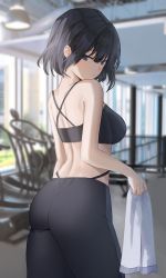 Rule 34 | 1girl, absurdres, alternate costume, ass, black hair, black pants, black sports bra, blue eyes, blurry, blurry background, blush, breasts, from behind, gym, hair behind ear, highres, holding, holding towel, hololive, hololive english, large breasts, looking back, momimi, ouro kronii, pants, photo background, short hair, sideboob, smile, solo, sports bra, sportswear, thong, towel, virtual youtuber, yoga pants