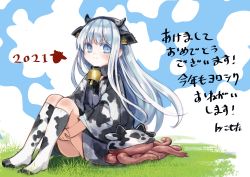Rule 34 | 1girl, 2021, absurdres, animal ears, animal print, blue eyes, blue hair, blush, child, chinese zodiac, closed mouth, cow ears, cow horns, cow print, creature, day, dress, fake animal ears, fake horns, grass, hairband, highres, horns, komota (kanyou shoujo), long hair, long sleeves, looking at viewer, lucette (komota (kanyou shoujo)), on grass, original, outdoors, sitting, smile, socks, solo, tentacles, year of the ox