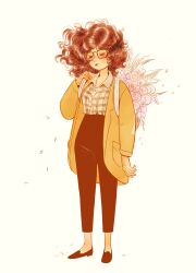 Rule 34 | 1girl, absurdres, backpack basket, black pants, blush, brown hair, closed eyes, closed mouth, curly hair, falling petals, floating hair, flower, flower basket, high-waist pants, highres, holding strap, jacket, jisoo kim, loafers, medium hair, open clothes, open jacket, original, pants, petals, plaid, plaid shirt, rectangular eyewear, shirt, shirt tucked in, shoes, simple background, solo, white background, yellow jacket