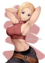 Rule 34 | 1girl, akisa yositake, armpits, arms behind back, arms up, belt, belt buckle, black pants, blonde hair, blue eyes, blue mary, breasts, buckle, closed mouth, cowboy shot, crop top, forehead, large breasts, looking at viewer, midriff, navel, pants, short hair, sideboob, smile, solo, stomach, the king of fighters, twitter username, two-tone background