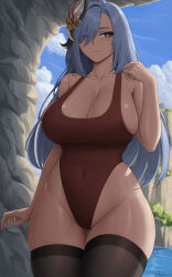 Rule 34 | 1girl, alternate costume, black thighhighs, blush, breasts, brown one-piece swimsuit, cleavage, closed mouth, collarbone, covered navel, cowboy shot, genshin impact, gluteal fold, green eyes, grey hair, hair ornament, hand up, highres, large breasts, long hair, looking at viewer, one-piece swimsuit, outdoors, shenhe (genshin impact), skindentation, smile, solo, swimsuit, thigh gap, thighhighs, thighs, twitter username, wide hips, zaphn