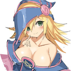 Rule 34 | 1girl, bare shoulders, blonde hair, blue dress, blush, breasts, cleavage, closed mouth, collarbone, dark magician girl, dress, duel monster, ear visible through hair, ears visible through hair, finger to cheek, green eyes, hand on breast, hat, head tilt, highres, large breasts, long hair, pentacle, perspective, smile, solo, star (symbol), white background, wizard hat, wonder yamada, yu-gi-oh!, yu-gi-oh! duel monsters