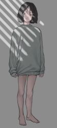 Rule 34 | 1girl, arms at sides, asian, bare legs, barefoot, black eyes, black hair, blouse, character request, closed mouth, copyright request, full body, grey background, grey shirt, grey theme, highres, kondate (inugrm), light smile, long sleeves, looking at viewer, messy hair, parted bangs, shirt, short hair, simple background, sleeves past wrists, solo, standing, sweater, toes