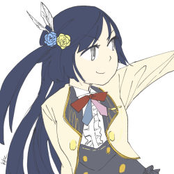 Rule 34 | 1girl, aqua flower, aqua rose, artist name, artist request, beige jacket, black hair, blue hair, blue neckwear, blush, bow, bowtie, breasts, brown jacket, center frills, chase (love live!), collared shirt, cropped jacket, dark blue hair, dress, dress shirt, feather hair ornament, feathers, female focus, flower, flower print, frilled dress, frills, gloves, grey eyes, hair flower, hair ornament, half gloves, jacket, light brown jacket, long hair, looking at viewer, looking to the side, love live!, love live! nijigasaki high school idol club, love live! school idol festival, medium breasts, necktie, nijigasaki school uniform, parted lips, pink neckwear, pointing, pointing to the side, ponytail, red bow, red neckwear, rose, school uniform, shirt, side ponytail, smile, solo, upper body, v-shaped eyebrows, white background, white feathers, white gloves, white shirt, yellow flower, yellow jacket, yellow rose, yuki setsuna (love live!)