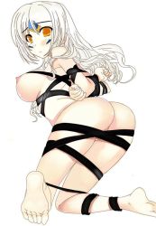 Rule 34 | 1girl, ass, barefoot, blush, breasts, code: nemesis (elsword), elsword, eve (elsword), feet, large breasts, long hair, nipples, nude, raven cronwell, ribbon, simple background, soles, toes, white background, white hair, yellow eyes