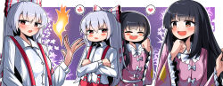 Rule 34 | 2girls, absurdres, anger vein, black hair, bow, bright pupils, brown eyes, collared shirt, commentary, english commentary, fire, fujiwara no mokou, hair bow, heart, highres, houraisan kaguya, long hair, long sleeves, multiple girls, multiple views, outline, purple background, red eyes, shirt, sidelocks, spam (spamham4506), spoken anger vein, spoken heart, suspenders, touhou, upper body, white outline, white pupils, white shirt, wide sleeves