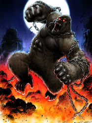 Rule 34 | abs, ape, chain, clenched hand, fangs, fire, full moon, giant, giant monster, gorilla, highres, jumping, jungle, kaijuu, king kong, king kong (series), kuro shio, monster, monsterverse, moon, muscular, muscular male, nature, night, no humans, pectorals, pterosaur, red eyes, weapon