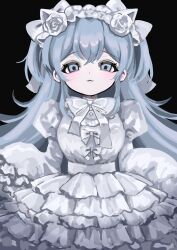 Rule 34 | 1girl, black background, blue eyes, blue hair, bow, closed mouth, cowboy shot, dress, flower, frilled dress, frilled hairband, frills, hair flower, hair ornament, hairband, highres, light blue hair, light blush, lolita fashion, lolita hairband, long hair, long sleeves, looking at viewer, neck ribbon, original, puffy long sleeves, puffy sleeves, ribbon, rose, shiona (siona0625), simple background, solo, standing, straight-on, white bow, white dress, white flower, white hairband, white ribbon, white rose, wide sleeves