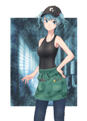 Rule 34 | 1girl, alternate costume, apron, bare arms, baseball cap, black hat, blue eyes, blue hair, denim, hair bobbles, hair ornament, hand on own hip, hat, kawashiro nitori, looking at viewer, pants, pliers, pocket, roke (taikodon), short hair, solo, standing, tank top, touhou, two side up, white background, window, wrench