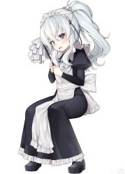 Rule 34 | 1girl, :d, absurdres, apron, black dress, black footwear, blush, commentary request, dated, dress, duster, frilled dress, frills, girls&#039; frontline, grey eyes, hair between eyes, hands up, head tilt, high ponytail, highres, holding, ia (ias1010), juliet sleeves, long dress, long hair, long sleeves, looking at viewer, maid, maid headdress, open mouth, ponytail, puffy sleeves, ribeyrolles (girls&#039; frontline), shoes, signature, silver hair, sitting, smile, socks, solo, white apron, white socks