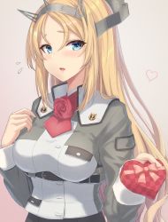 Rule 34 | 1girl, ascot, blonde hair, blue eyes, blush, box, breasts, flower, gift, gift box, headgear, heart, heart-shaped box, highres, holding, holding gift, kantai collection, large breasts, long hair, long sleeves, military, military uniform, monoku, nelson (kancolle), open mouth, red ascot, red flower, red rose, rose, solo, uniform, upper body