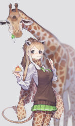 Rule 34 | 1girl, absurdres, animal ears, animal print, blonde hair, blush, bow, bowtie, brown hair, brown vest, cape giraffe (kemono friends), cowboy shot, creature and personification, don3, eating, extra ears, food, giraffe, giraffe ears, giraffe girl, giraffe horns, giraffe print, giraffe tail, green bow, green bowtie, green skirt, highres, horns, kemono friends, long hair, long sleeves, pantyhose, pleated skirt, ponytail, print bow, print bowtie, print pantyhose, pudding, scarf, shirt, skirt, solo, tail, vest, white hair, white shirt