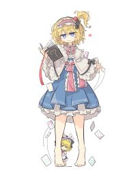 Rule 34 | 2girls, alice margatroid, barefoot, blonde hair, blush, book, card, dress, frilled dress, frilled hairband, frills, hair bobbles, hair ornament, hairband, hand up, hat, heart, highres, holding, holding book, kirisame marisa, layered dress, looking at viewer, mini person, minigirl, multiple girls, pleated dress, primsla, purple eyes, ribbon, short hair, side ponytail, simple background, smile, standing, touhou, white background, witch hat