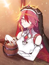 Rule 34 | 1girl, alcohol, beer, beer mug, claws, commentary request, counter, cup, detached sleeves, genshin impact, hair over one eye, highres, kyundoo, long hair, looking at viewer, mug, multicolored hair, nun, parted lips, red eyes, red hair, rosaria (genshin impact), sidelocks, solo, streaked hair, wooden cup