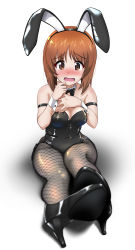 Rule 34 | absurdres, animal ears, armband, black bow, black footwear, black hair, black leotard, blush, bow, bowtie, breasts, brown eyes, brown hair, commentary request, covered navel, detached collar, fake animal ears, fishnet pantyhose, fishnets, foreshortening, girls und panzer, high heels, highres, leotard, looking down, medium breasts, nishizumi miho, on floor, open mouth, pantyhose, playboy bunny, rabbit ears, shiina excel, short hair, sidelocks, simple background, sitting, skin tight, solo, white background, wrist cuffs