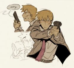 Rule 34 | 1boy, blonde hair, buttoned cuffs, buttons, closed mouth, collared shirt, commentary, english commentary, english text, formal, gun, hand up, handgun, holding, holding gun, holding weapon, jacket, long sleeves, male focus, mob psycho 100, mp100days, multiple views, necktie, open clothes, open jacket, pink necktie, reigen arataka, shirt, short hair, simple background, smoke, smoking barrel, speech bubble, suit, upper body, weapon, white background, white shirt