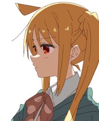 Rule 34 | 1girl, ahoge, blonde hair, blue jacket, blush, bocchi the rock!, bow, brown bow, closed mouth, collared shirt, hair between eyes, highres, hood, hood down, hooded jacket, ijichi nijika, jacket, long hair, looking away, meito (maze), open clothes, open jacket, red eyes, shirt, side ponytail, sidelocks, simple background, solo, upper body, white background, white shirt