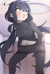 Rule 34 | 1girl, @ @, black hair, blue archive, blue eyes, blush, breasts, dressing, hairband, halo, hands in pantyhose, highres, jewelry, koyansuee, long hair, low twintails, navel, necklace, open mouth, panties, panties under pantyhose, pantyhose, shirt, small breasts, solo, surprised, sweat, twintails, ui (blue archive), underwear, very long hair